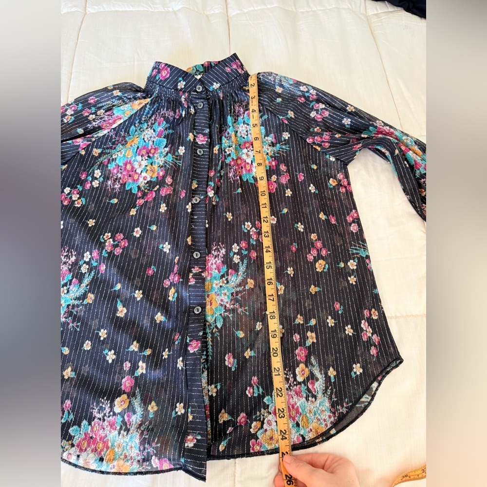 Vintage 90’s sheer black floral button front blouse top gold metallic large - Picture 12 of 12